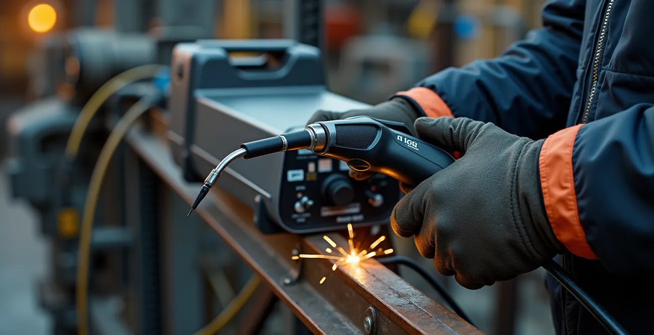 Vue détaillée d'une torche TIG ergonomique avec câbles souples et poste portable compact, conçus pour faciliter le travail en hauteur et positions contraignantes