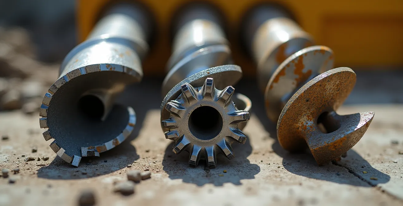 Vue détaillée de trois têtes de forage différentes alignées sur un chantier