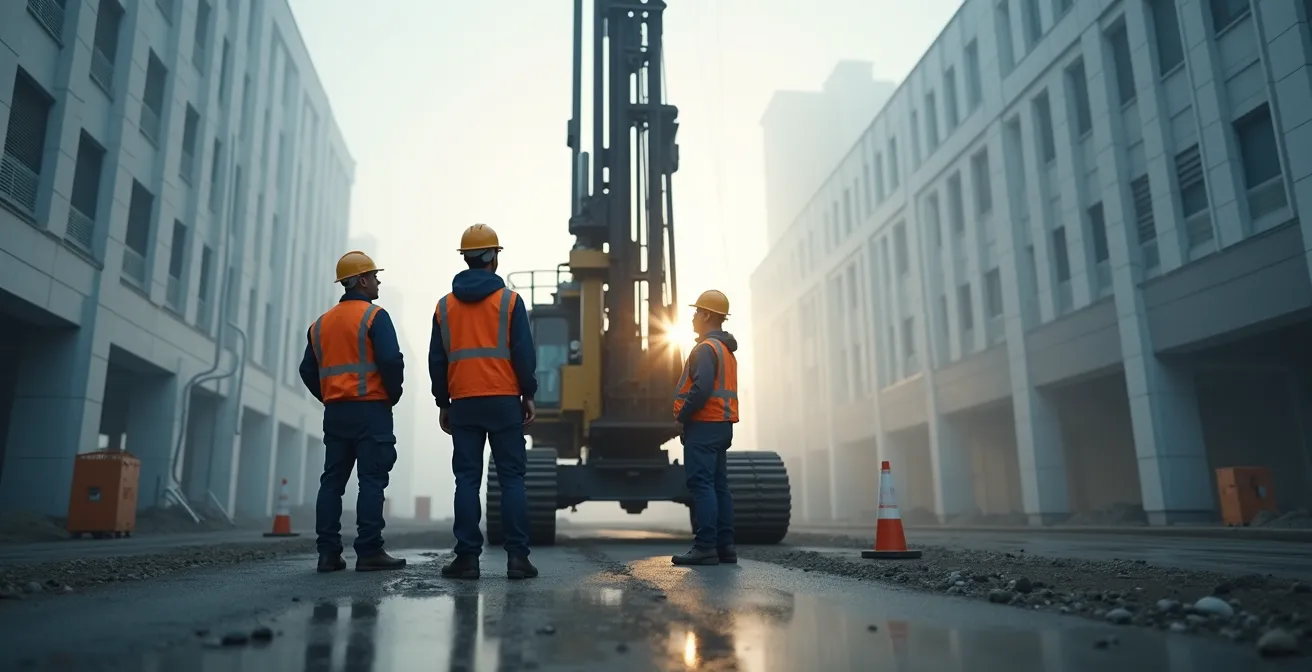 Équipe de spécialistes du forage en réunion sur un chantier urbain