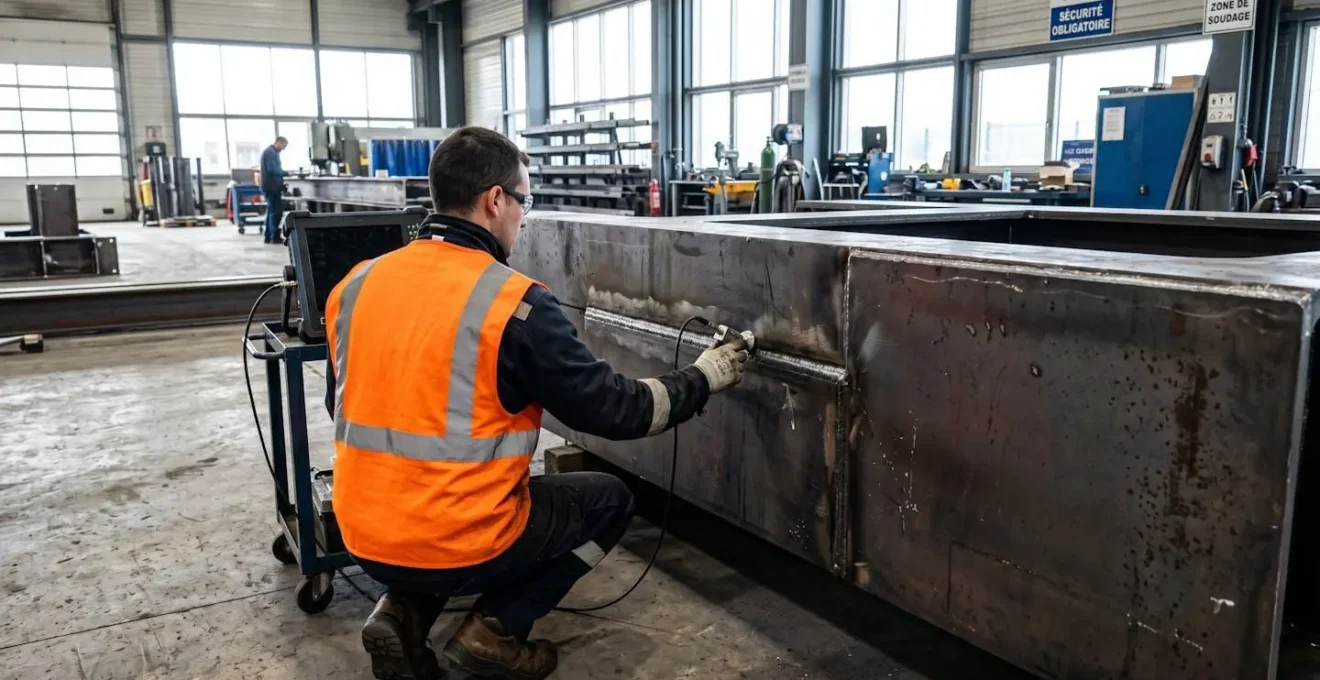 Technicien de dos effectuant un contrôle par ultrasons sur un assemblage métallique dans un atelier moderne éclairé naturellement