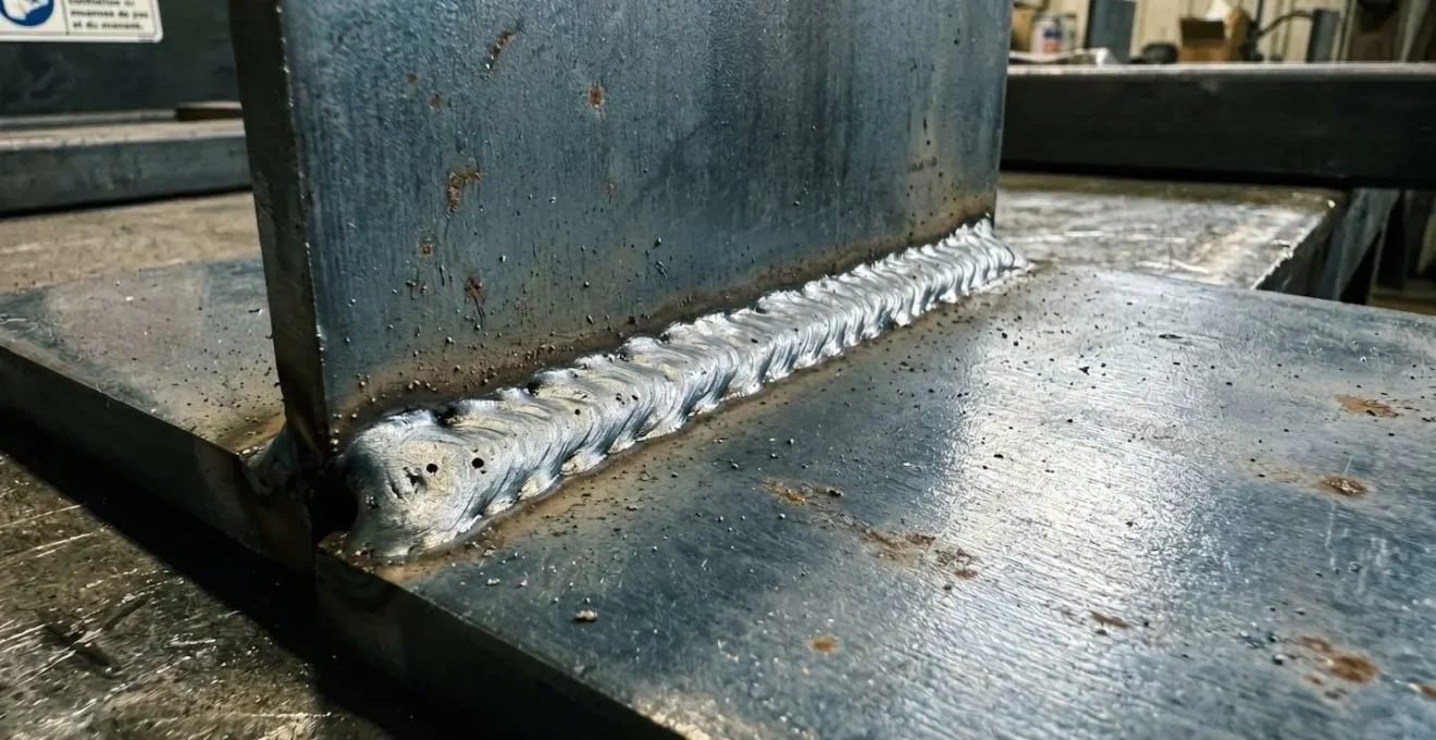 Macro sur un cordon de soudure métallique révélant une légère porosité surfacique sous éclairage rasant