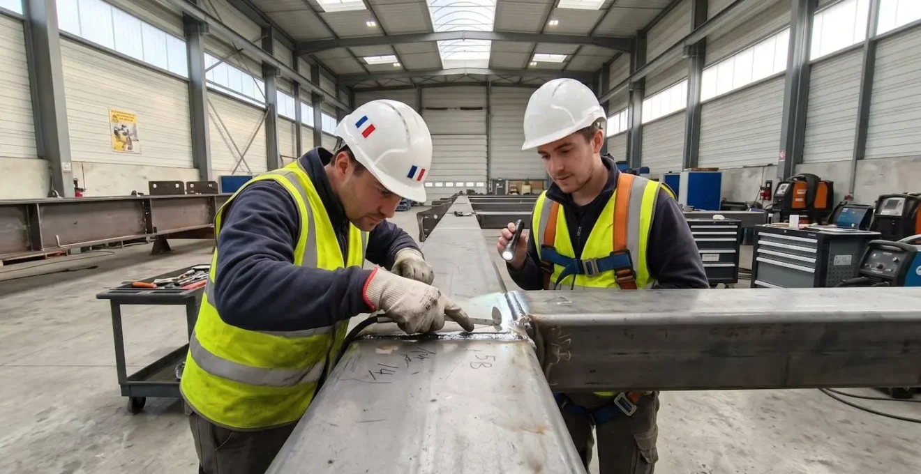 Deux techniciens en tenue de chantier examinent de dos un assemblage soudé sur une structure métallique dans un atelier lumineux