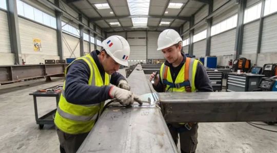 Deux techniciens en tenue de chantier examinent de dos un assemblage soudé sur une structure métallique dans un atelier lumineux