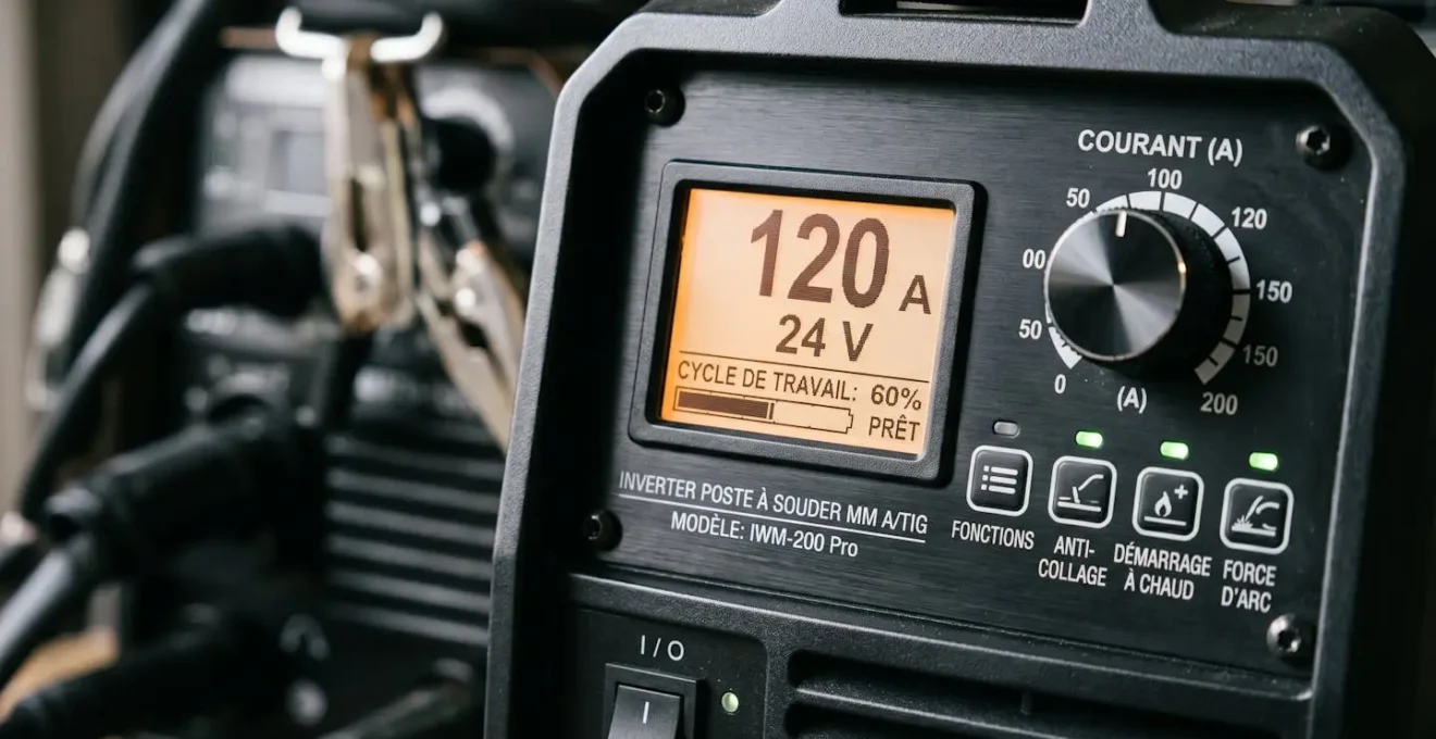 Gros plan sur le panneau de commande numérique d'un poste à souder inverter moderne montrant l'écran LCD avec paramètres affichés, les molettes de réglage d'ampérage et les boutons de fonction