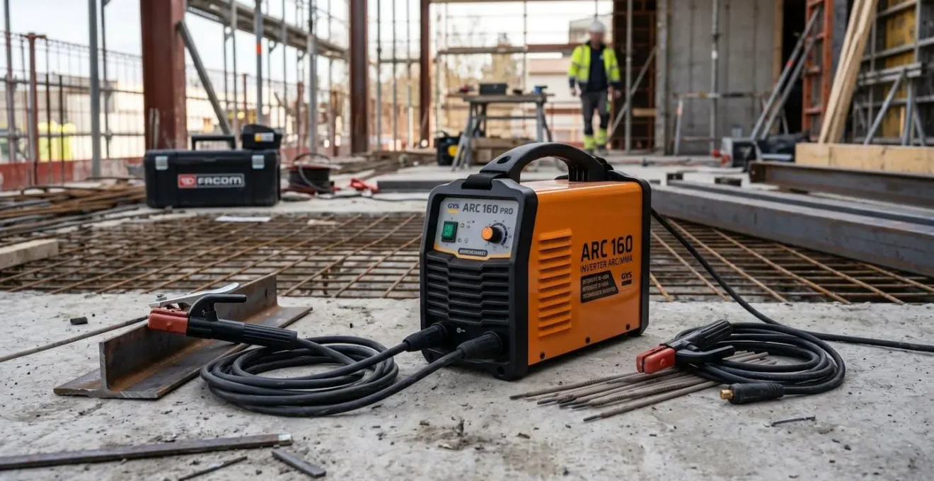 Poste à souder inverter ARC/MMA compact et portable avec électrodes enrobées, porte-électrode et pince de masse, photographié dans un contexte de chantier extérieur illustrant sa mobilité