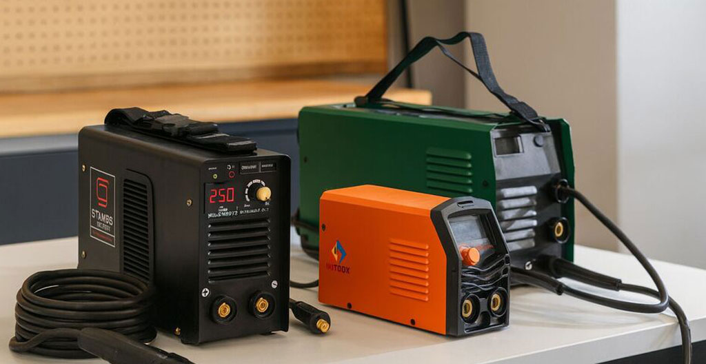 Poste à souder inverter ARC/MMA compact et portable avec électrodes enrobées, porte-électrode et pince de masse, photographié dans un contexte de chantier extérieur illustrant sa mobilité