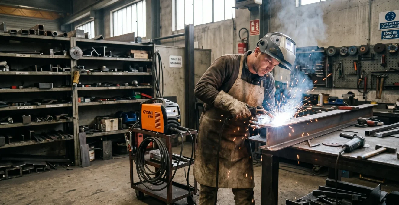 Soudeur professionnel en tenue de protection complète réalisant une soudure à l'arc électrique sur une structure métallique dans un atelier de métallerie français, avec poste à souder inverter moderne visible à l'arrière-plan