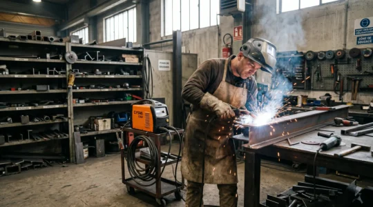 Soudeur professionnel en tenue de protection complète réalisant une soudure à l'arc électrique sur une structure métallique dans un atelier de métallerie français, avec poste à souder inverter moderne visible à l'arrière-plan