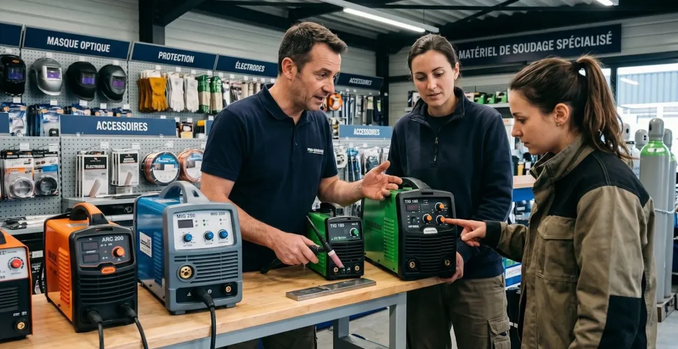 Vendeur spécialisé dans un magasin d'équipement de soudage français en train de présenter et d'expliquer les différences entre plusieurs types de postes à souder à un client attentif